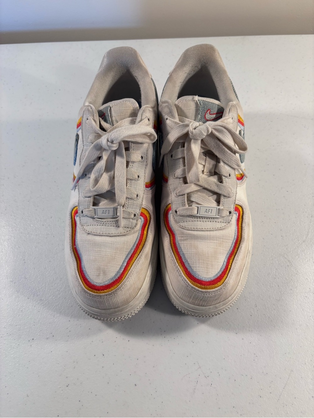 Nike Air Force 1 07 LV8 denim swoosh Cream Canvas Sneakers with Rainbow Trim
